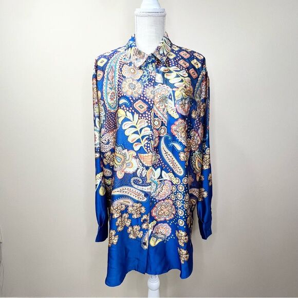 Nasty Gal Paisley Print Oversized Button Down Shirt Cobalt US 10 - Picture 2 of 12